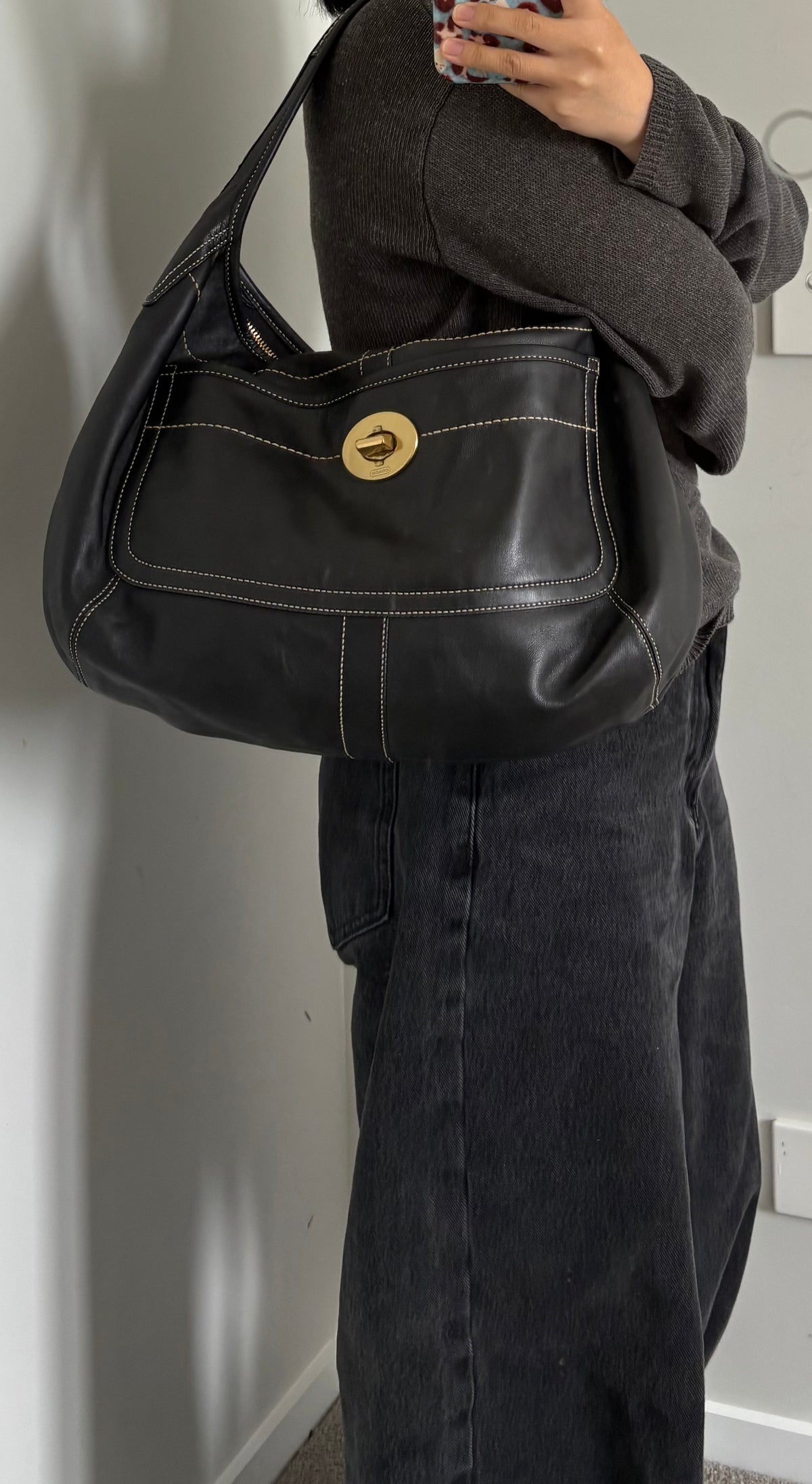 Coach Ergo Large Black Leather Turnlock Shoulder Bag