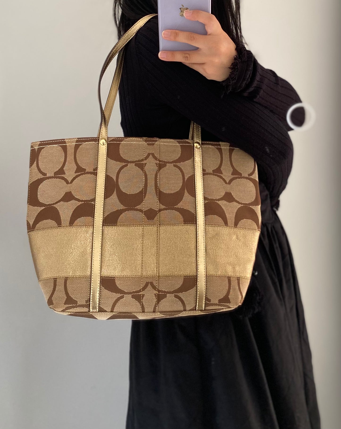 Coach Signature Jacquard Tote Bag with Gold Stripe
