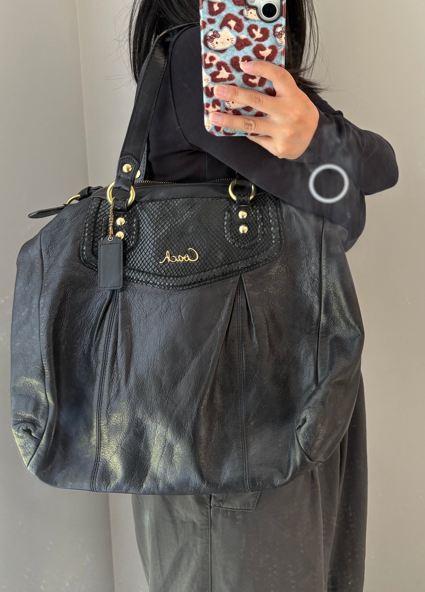 Coach Ashley Black Leather Python Trim 2Way Shoulder Bag