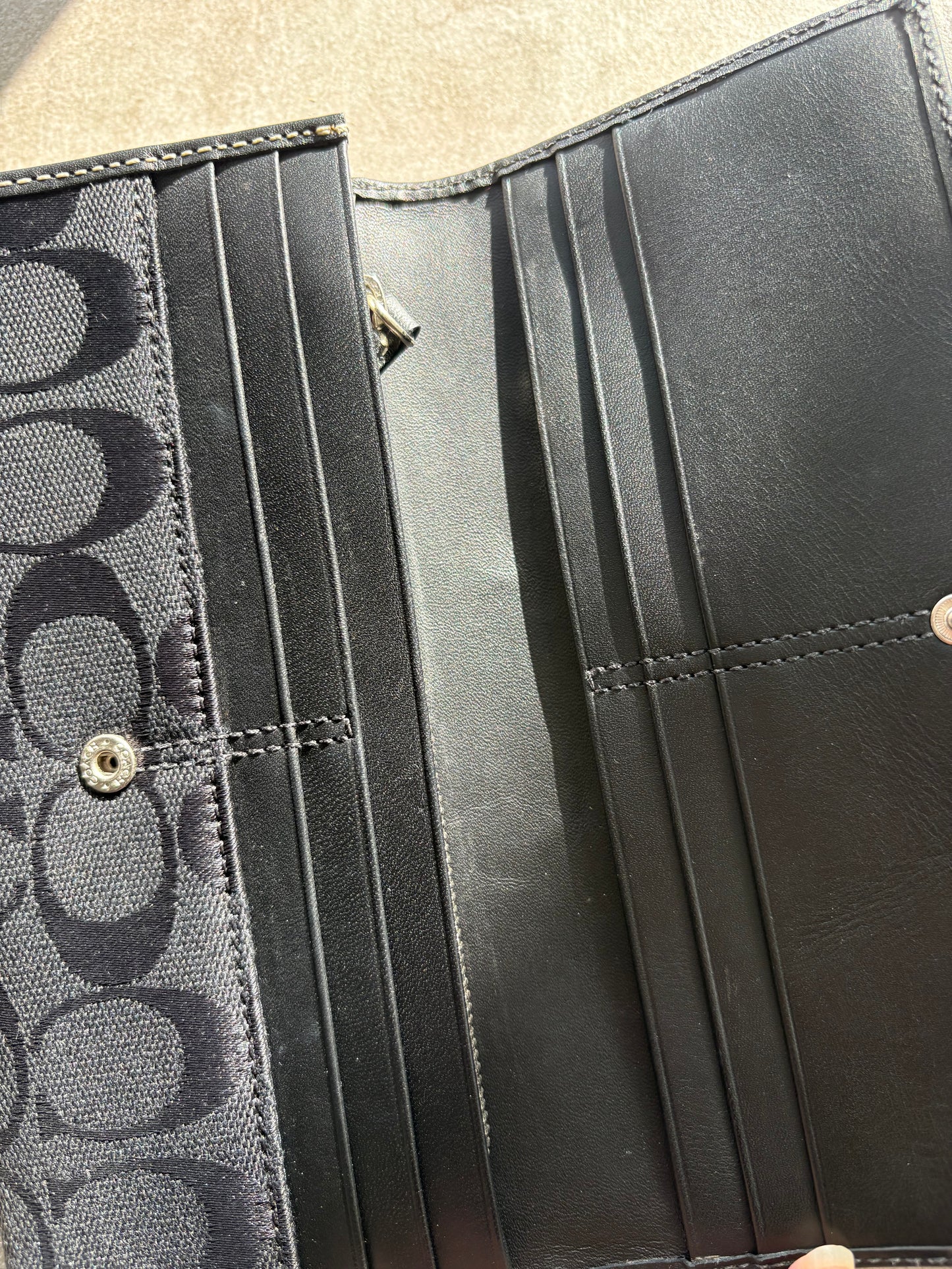 Coach Signature Jacquard Fabric & Leather Trim Checkbook Trifold Wallet