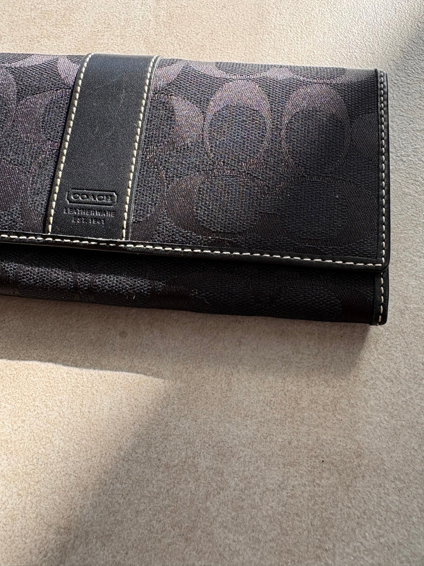 Coach Signature Jacquard Fabric & Leather Trim Checkbook Trifold Wallet