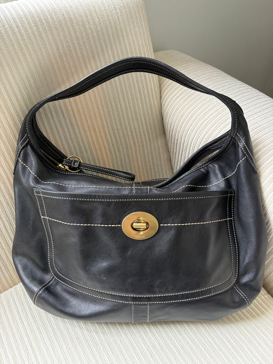 Coach Ergo Large Black Leather Turnlock Shoulder Bag