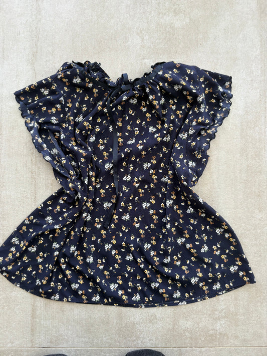 00's Japanese Dark Blue Floral Top