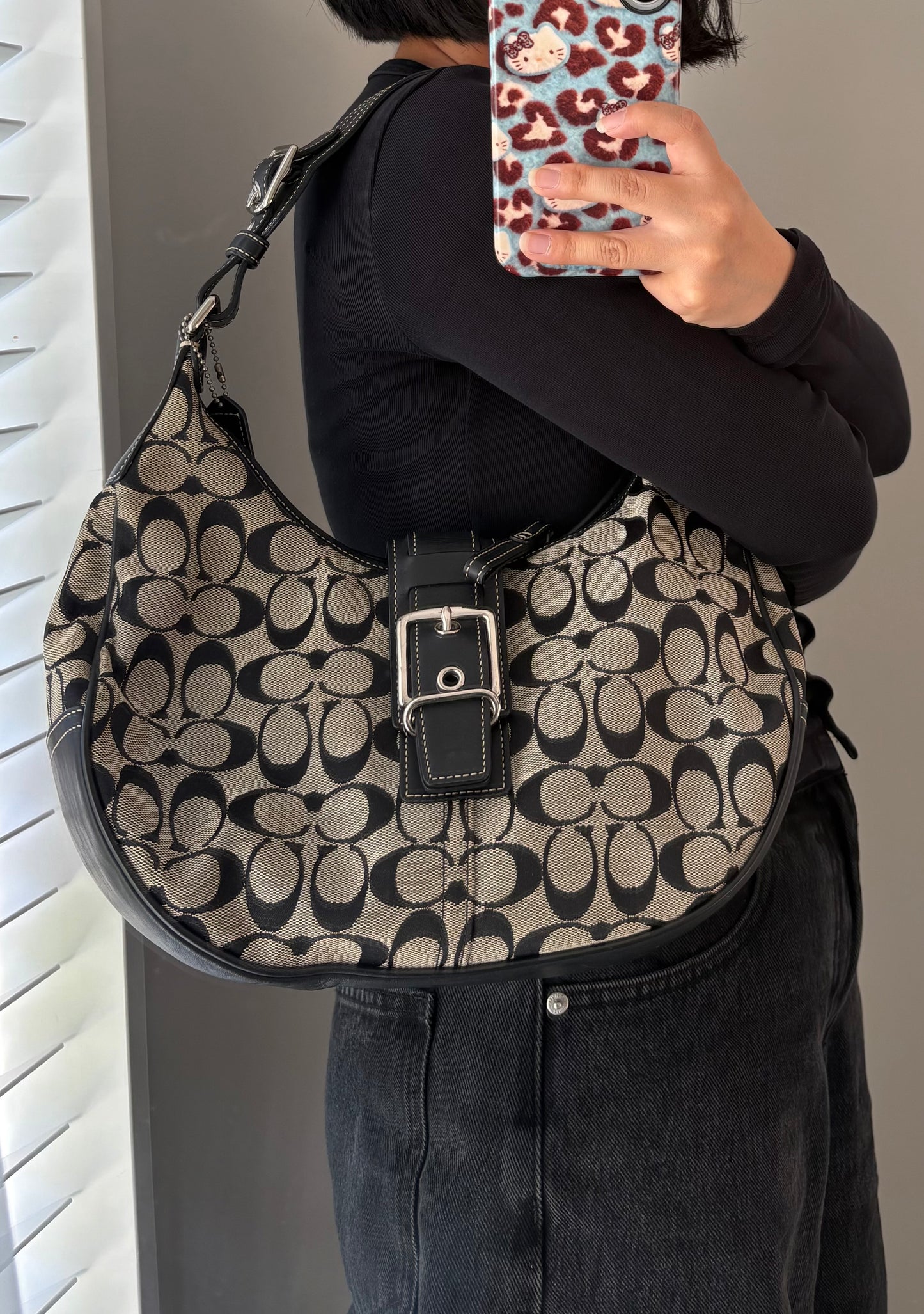 Coach Signature Hobo Black Buckle Shoulder Bag