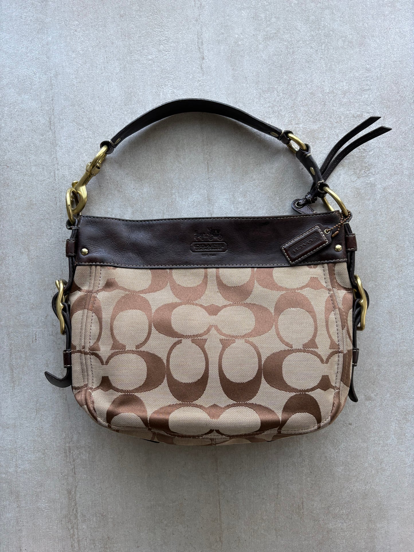 Coach Bag Zoe Signature Logo Hobo Brown Jacquard Large Shoulder Bag