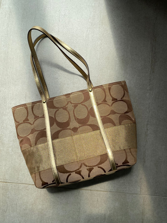 Coach Signature Jacquard Tote Bag with Gold Stripe