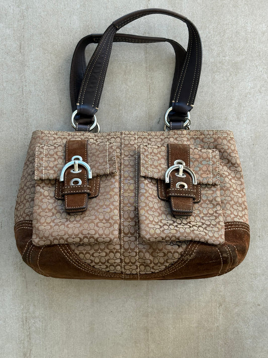 Coach Classic Soho Brown Canvas Suede Double Pocket Shoulder Bag