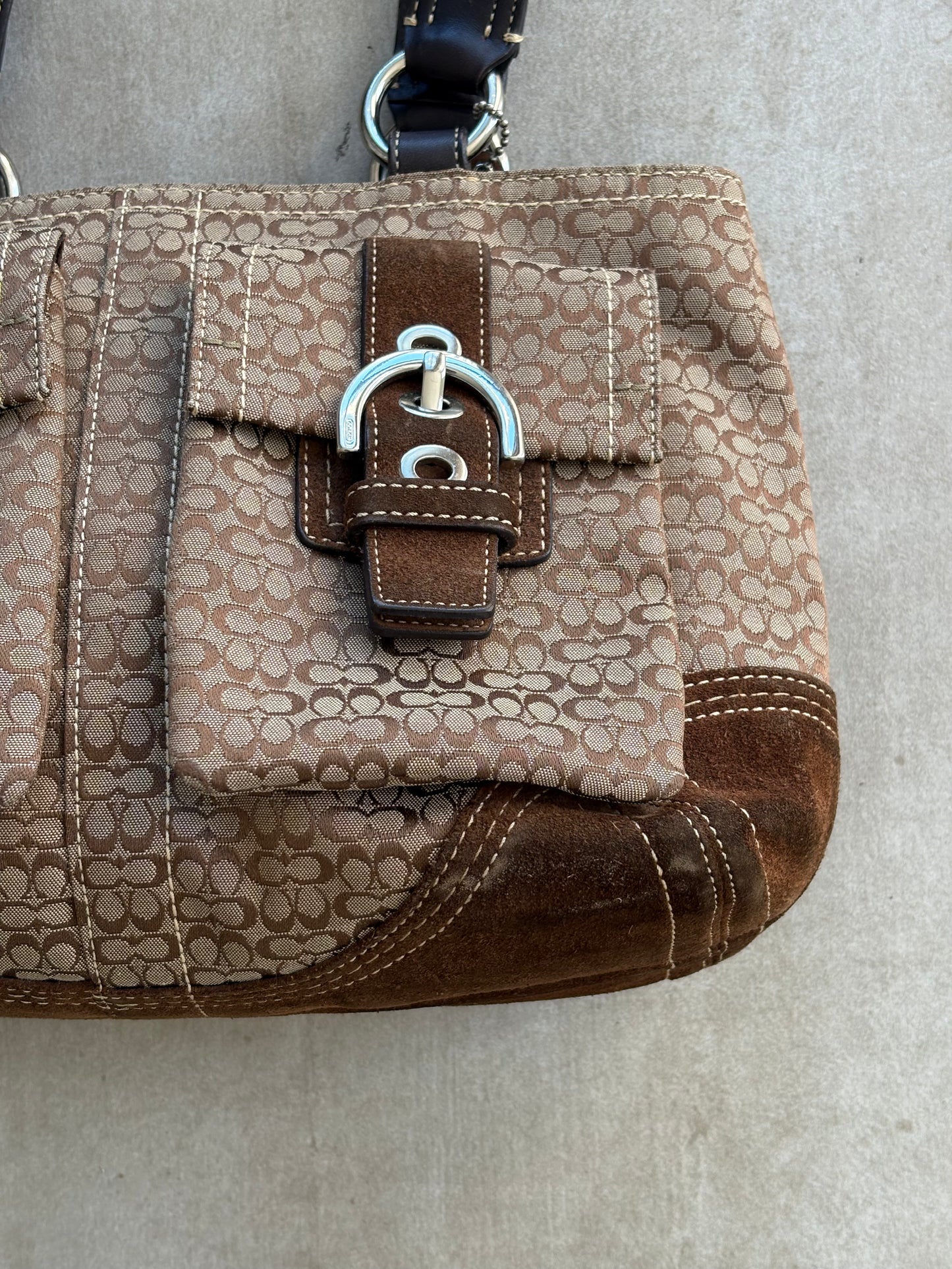 Coach Classic Soho Brown Canvas Suede Double Pocket Shoulder Bag