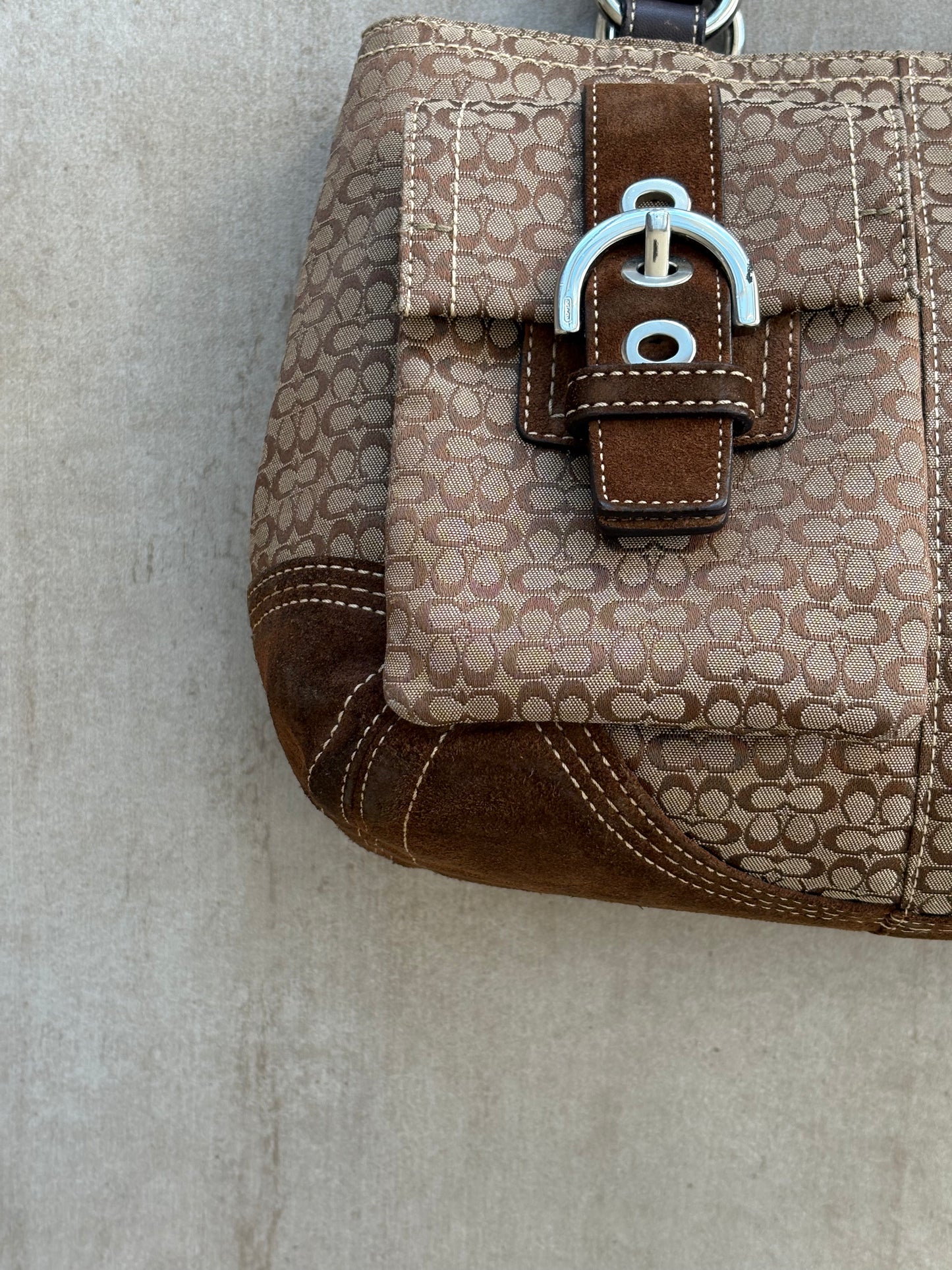 Coach Classic Soho Brown Canvas Suede Double Pocket Shoulder Bag
