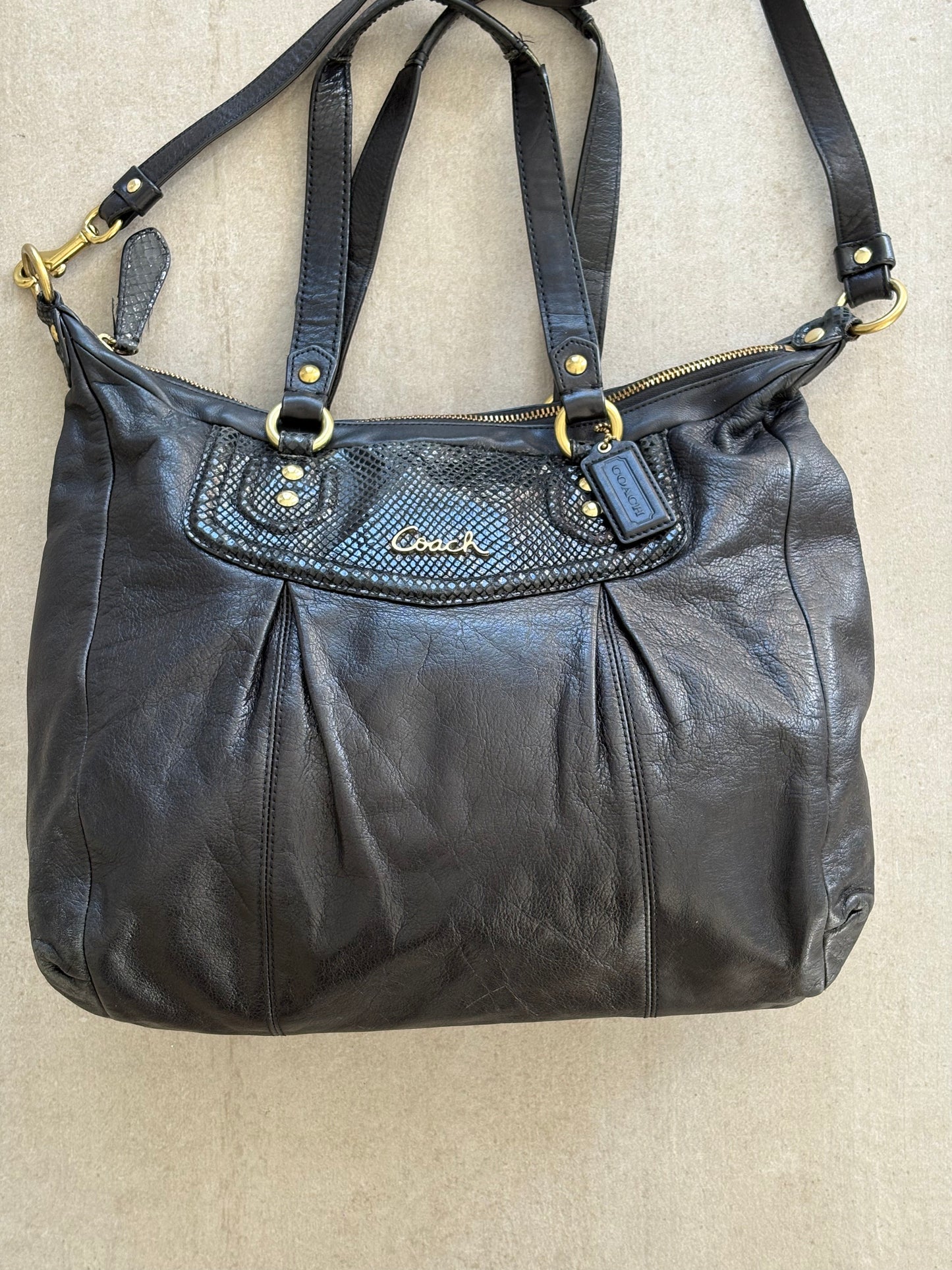 Coach Ashley Black Leather Python Trim 2Way Shoulder Bag