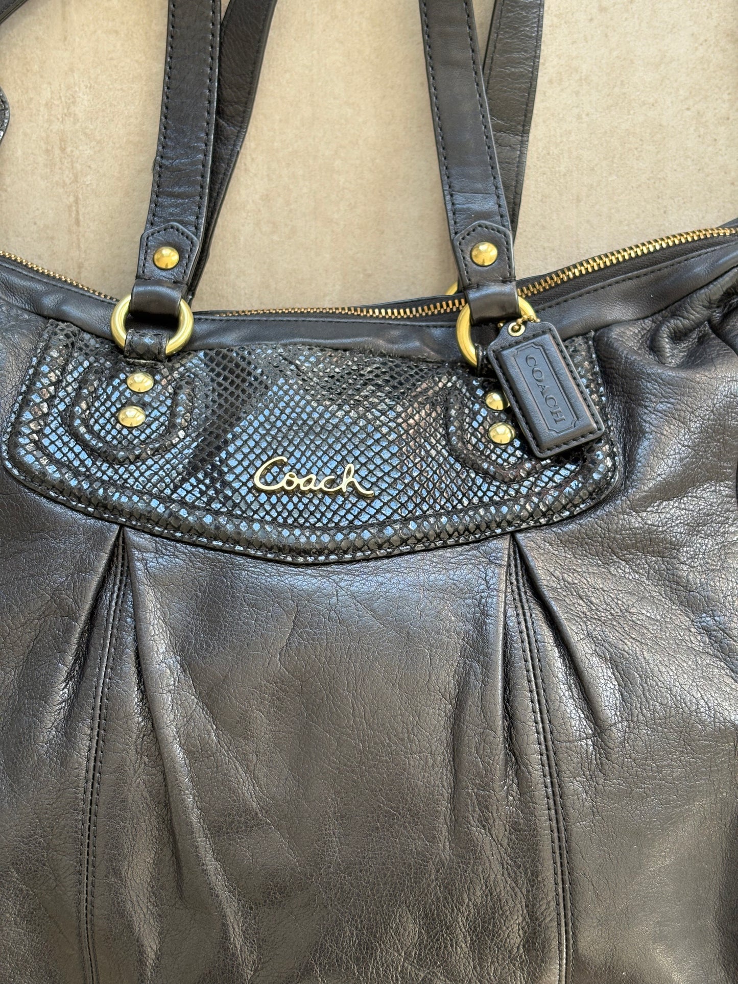 Coach Ashley Black Leather Python Trim 2Way Shoulder Bag