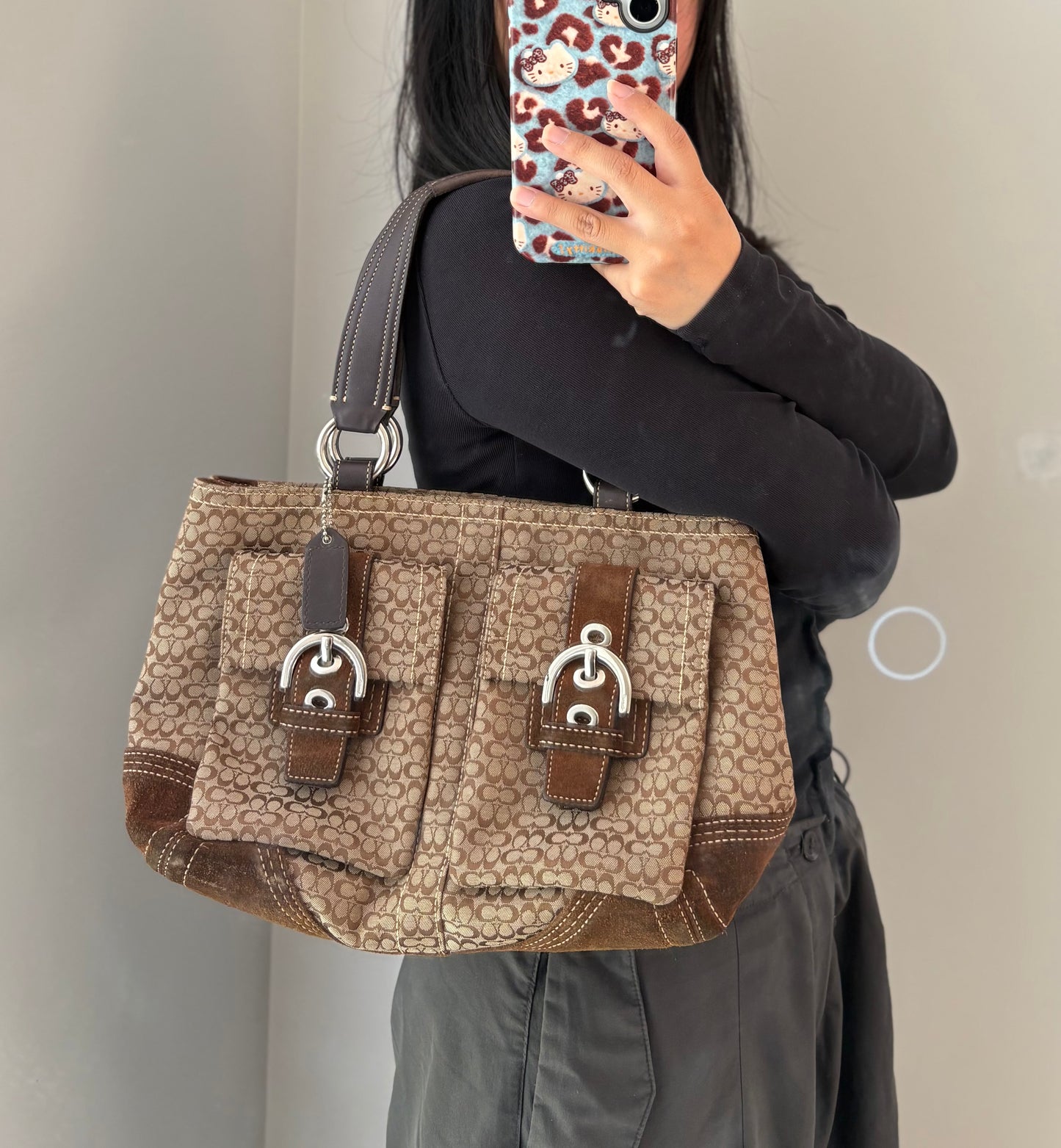 Coach Classic Soho Brown Canvas Suede Double Pocket Shoulder Bag
